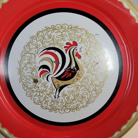 VINTAGE Stoyke Tray Platter 19" Round Red White Chicken Metal Mid Century 60s - Picture 5 of 16